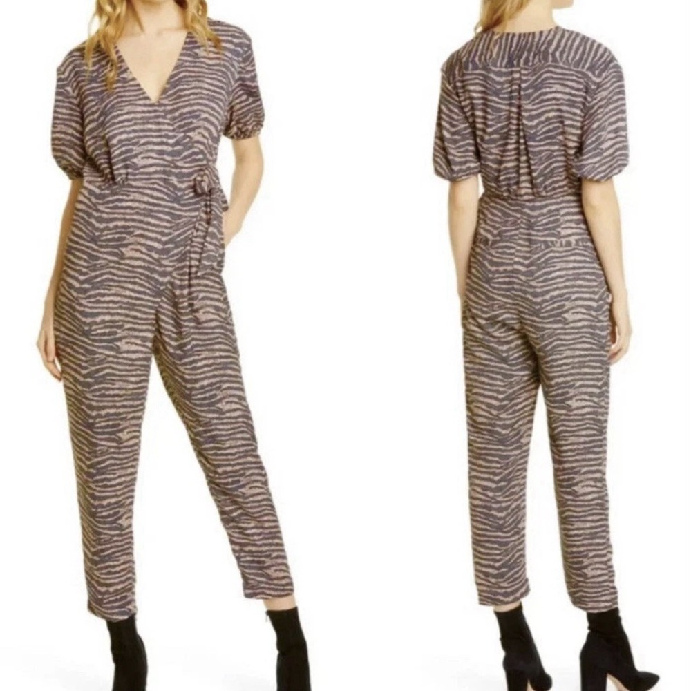 Joie Zebra Print Jumpsuit XS Wrap Waist Puff Sleeve Chic Boho Party